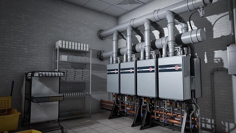 A Rheem Commercial Tankless Rack System is installed in a hotel.