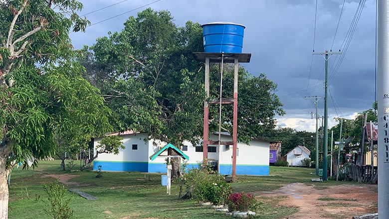 Manacapuru, Brazil, community water tower collects and distributes rainwater.
