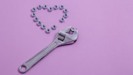 PME February 2024 Editors Note column. Image is a heart of the nuts with a wrench on a purple paper background