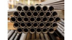 April Products: Fayette Pipe Black Steel Pipe. A stack of USA-made ASTM A53 Type E Grade A ERW XH Schedule 80 black steel pipe.