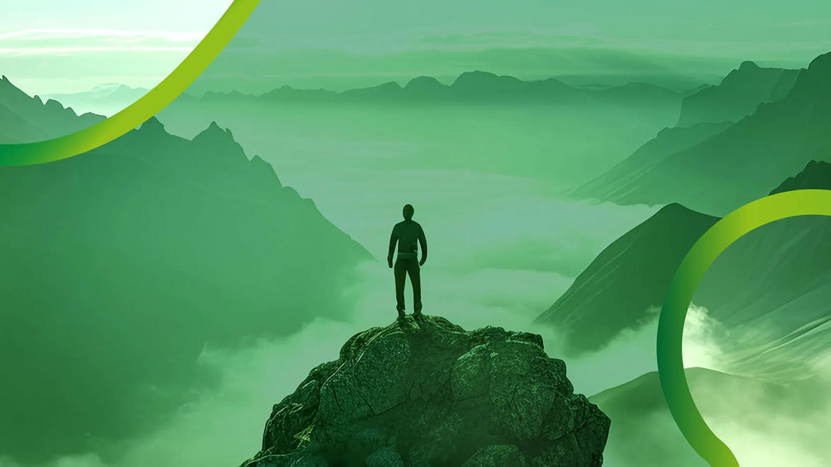 PM Prifle Tina Gullickson Caleffi feature image illustration showing man on top of a high mountain overlooking a foggy mountain range. Colors are different shades and hues of green.