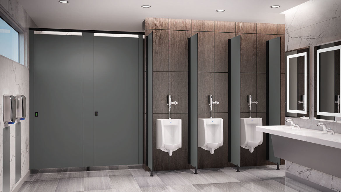 New Products: Zurn Elkay Water Solutions seen here in a men's restroom with three urinals.