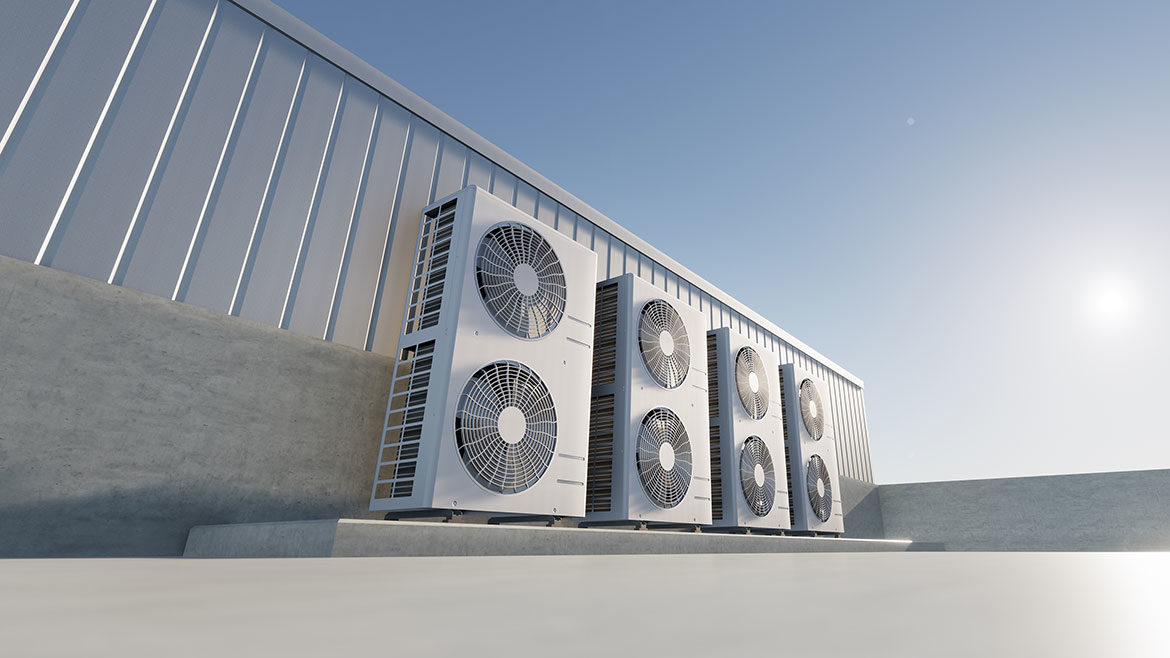 3d rendering of condenser unit or compressor on rooftop of industrial plant, factory.