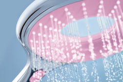 The GROHE Rainshower Icon hand shower in pink. 