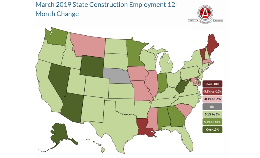 Construction Employment Increases In 38 States From March 2018 To