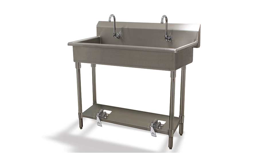 Multi-station sinks with toe-push operated faucets